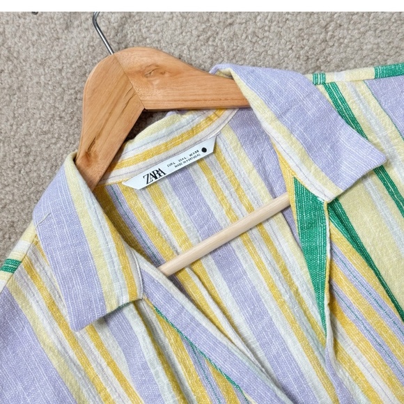 Zara Mini Dress Shirred Skirt Pastel Stripe Long Sleeve Cotton Mini Dress Large - Picture 6 of 15